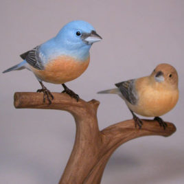 Pair of Lazuli Bunting Carvings (Male and Female)
