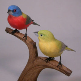Pair of Painted Bunting Carvings (Male and Female)