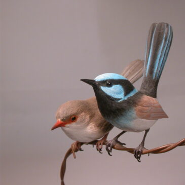 Blue Wren Pair Original Hand Carved wooden Bird